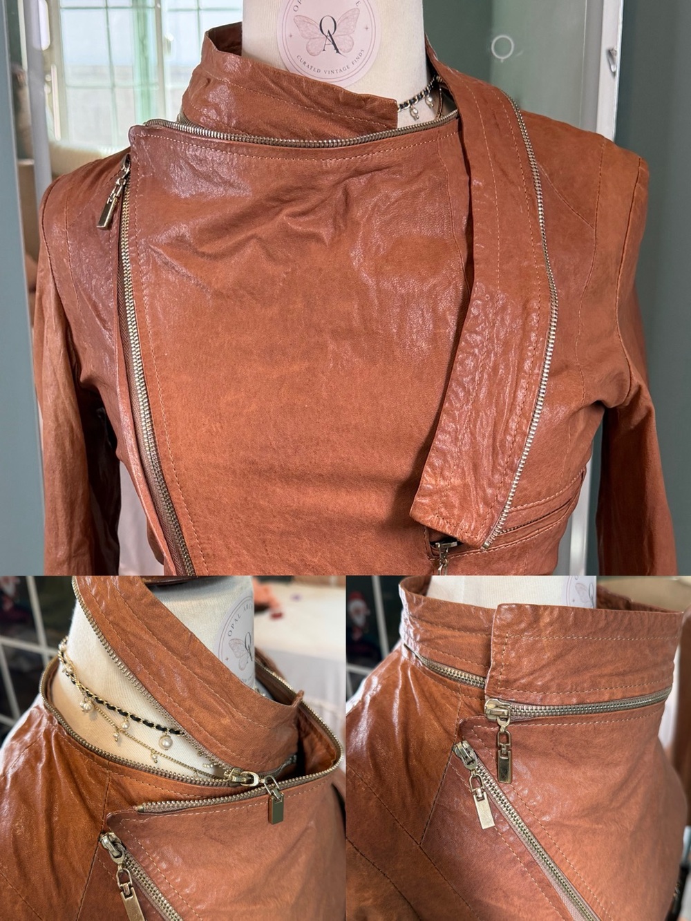 Vintage Lamb Leather Deconstructed Asymmetrical Moto Jacket Detachable Collar - Picture 4 of 10